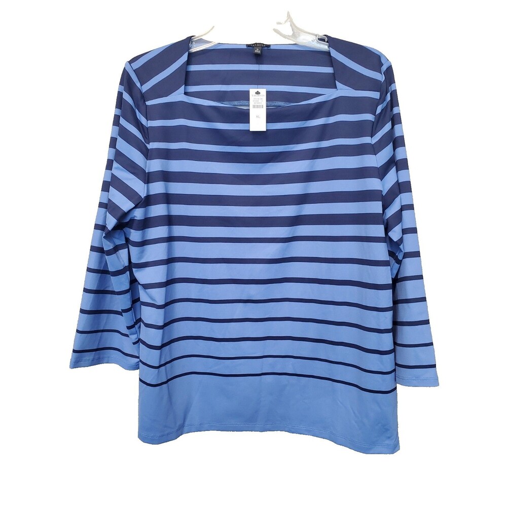 Talbots Scuba Knit Blue Striped Square Neck 3/4 Sleeve Blouse Size XL NWT